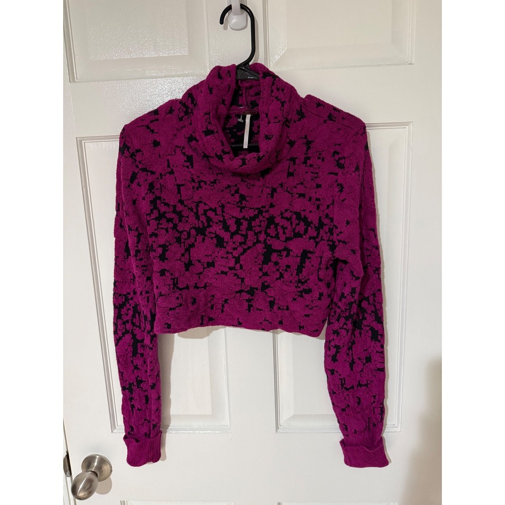 Free People Magenta Black Abstract Cropped Cowl Neck Sweater OB1030048 XL
